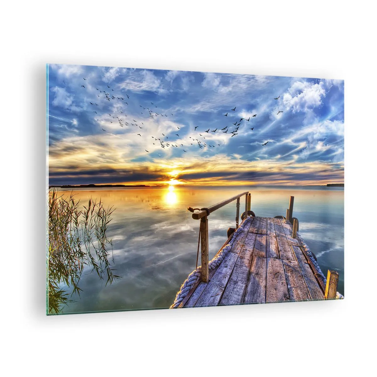 Glass picture - Lakeside Pier at Sunset with Birds in the Sky - 70x50cm - Wind is Taking a Break - Modern wall decoration for the living room and bedroom ARTTOR