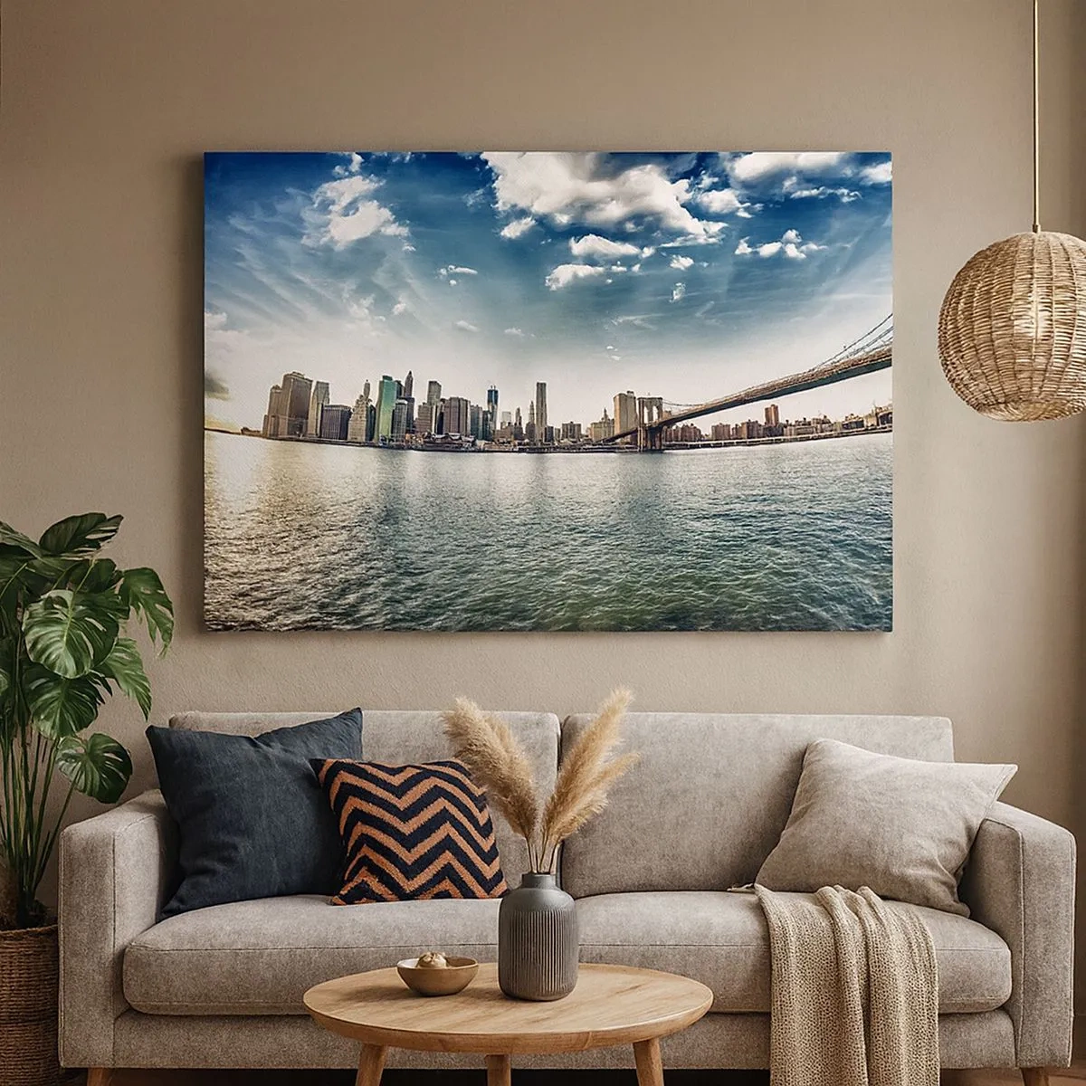 Canvas picture - Panorama of the city with a bridge against the blue sky - 70x50cm - Glass Island - Modern wall decoration for the living room and bedroom ARTTOR