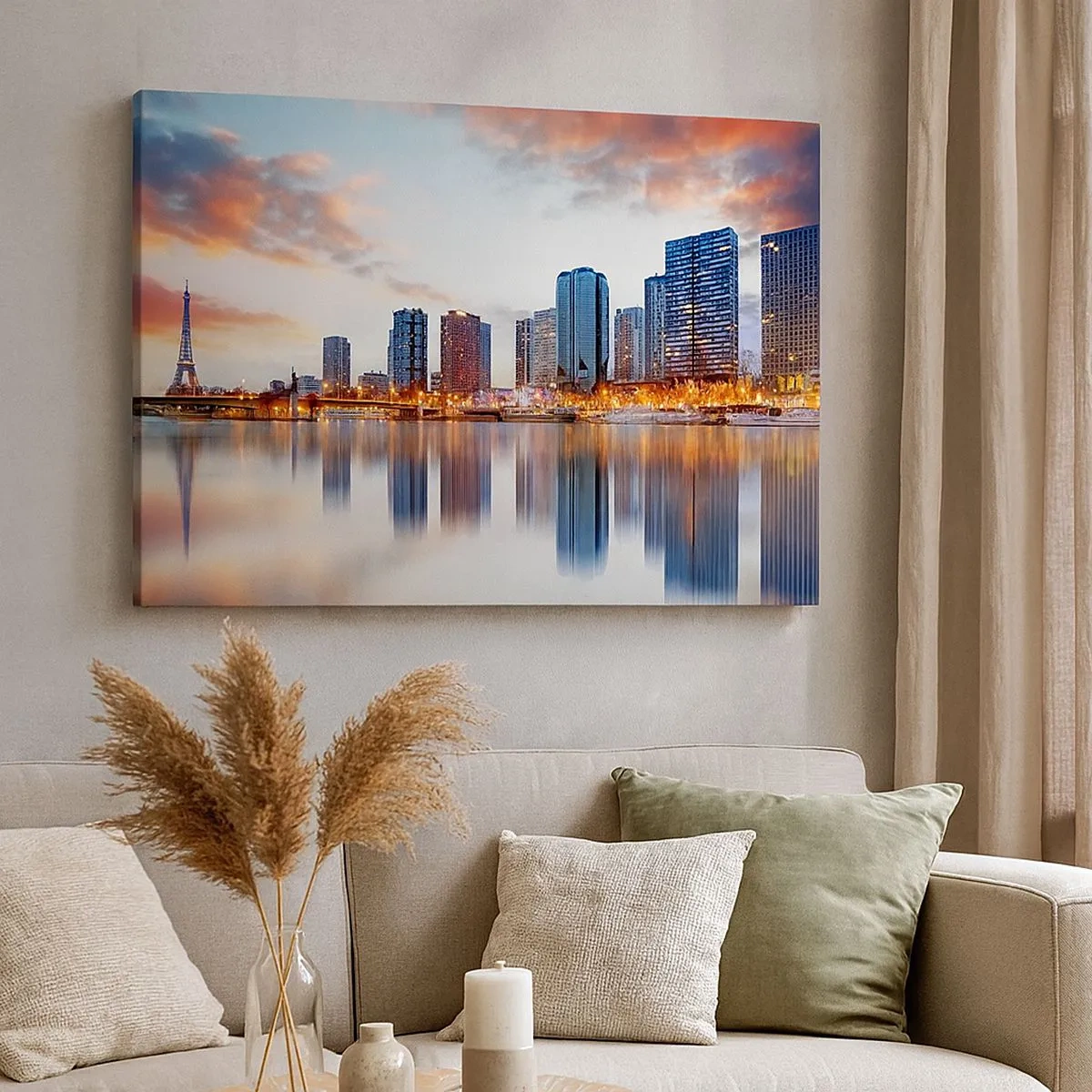 Canvas picture - Panorama of modern buildings and the Eiffel Tower over the water - 70x50cm - Monumental Peace of Paris - Modern wall decoration for the living room and bedroom ARTTOR
