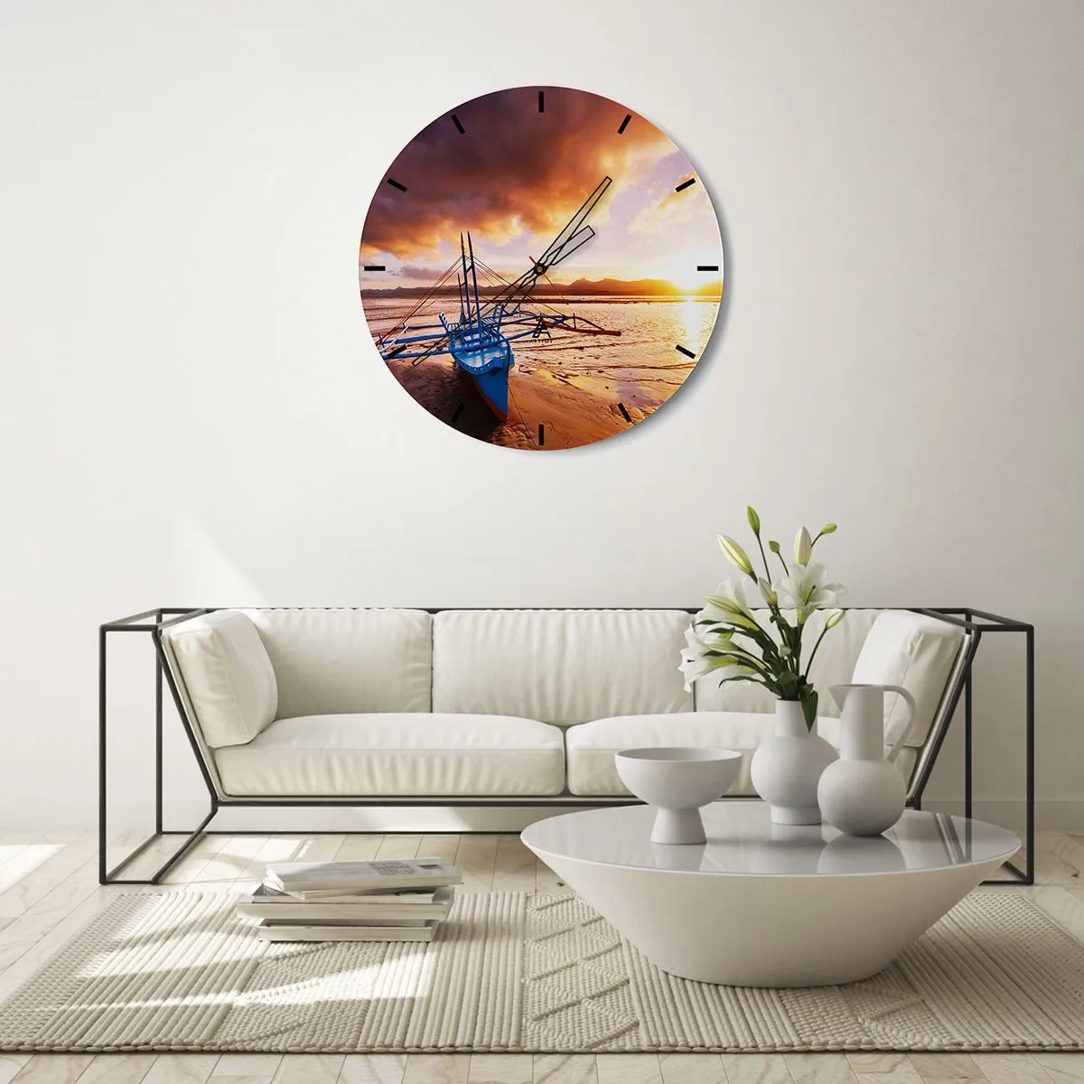 Wall clock - Clock on glass - A boat on the beach during sunset - 30x30cm - After a Long Day, Stretching on the Sand - Modern wall decoration for the living room, kitchen, and bedroom ARTTOR