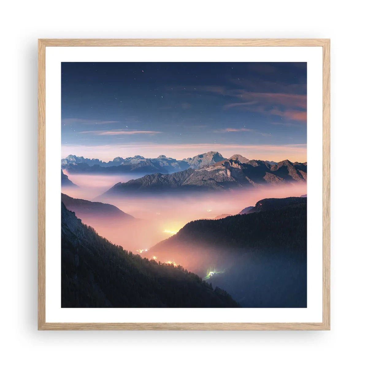 Poster in light oak frame - Light in the Valleys - 60x60 cm