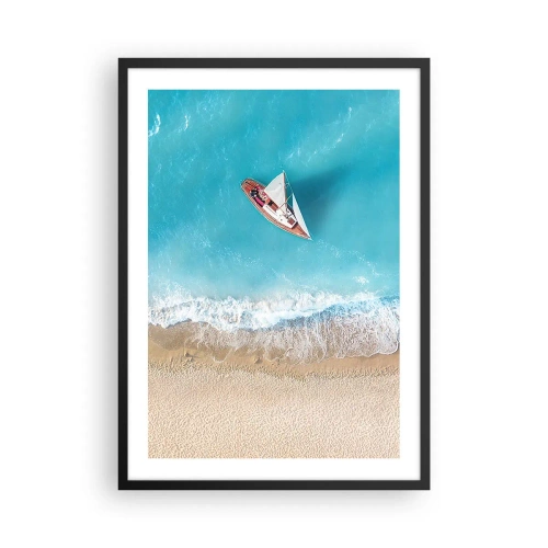 Poster in black frame - A yacht against the blue sea at the coast - 50x70cm - On the Border of Blue and Gold - Modern wall decoration for the living room and bedroom ARTTOR