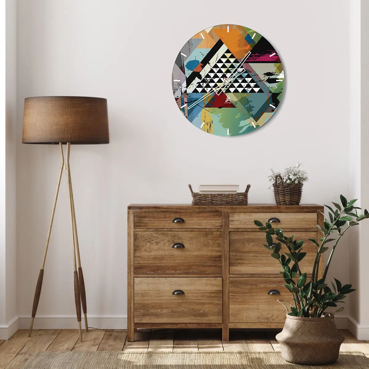 Wall clock - Clock on glass - A clock face with an abstract geometric motif in vivid colors. - 30x30cm - It is So Simple - Modern wall decoration for the living room, kitchen, and bedroom ARTTOR