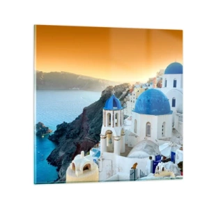 Glass picture - Santorini - Snuggling up to the Rocks - 50x50 cm