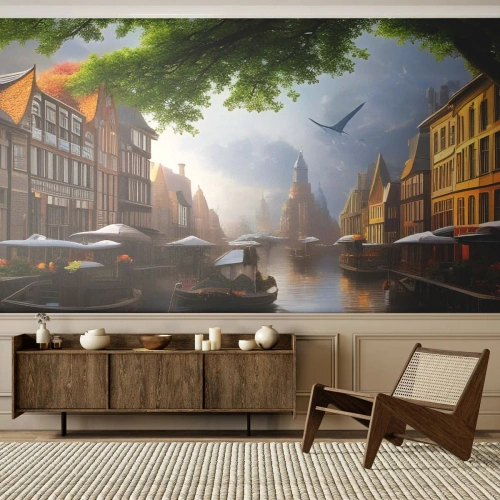 Self-Adhesive Photo Wallpaper Deluxe Sticker - Dutch Urban Landscape - Old Town, Boats, Canal - 100x70 cm