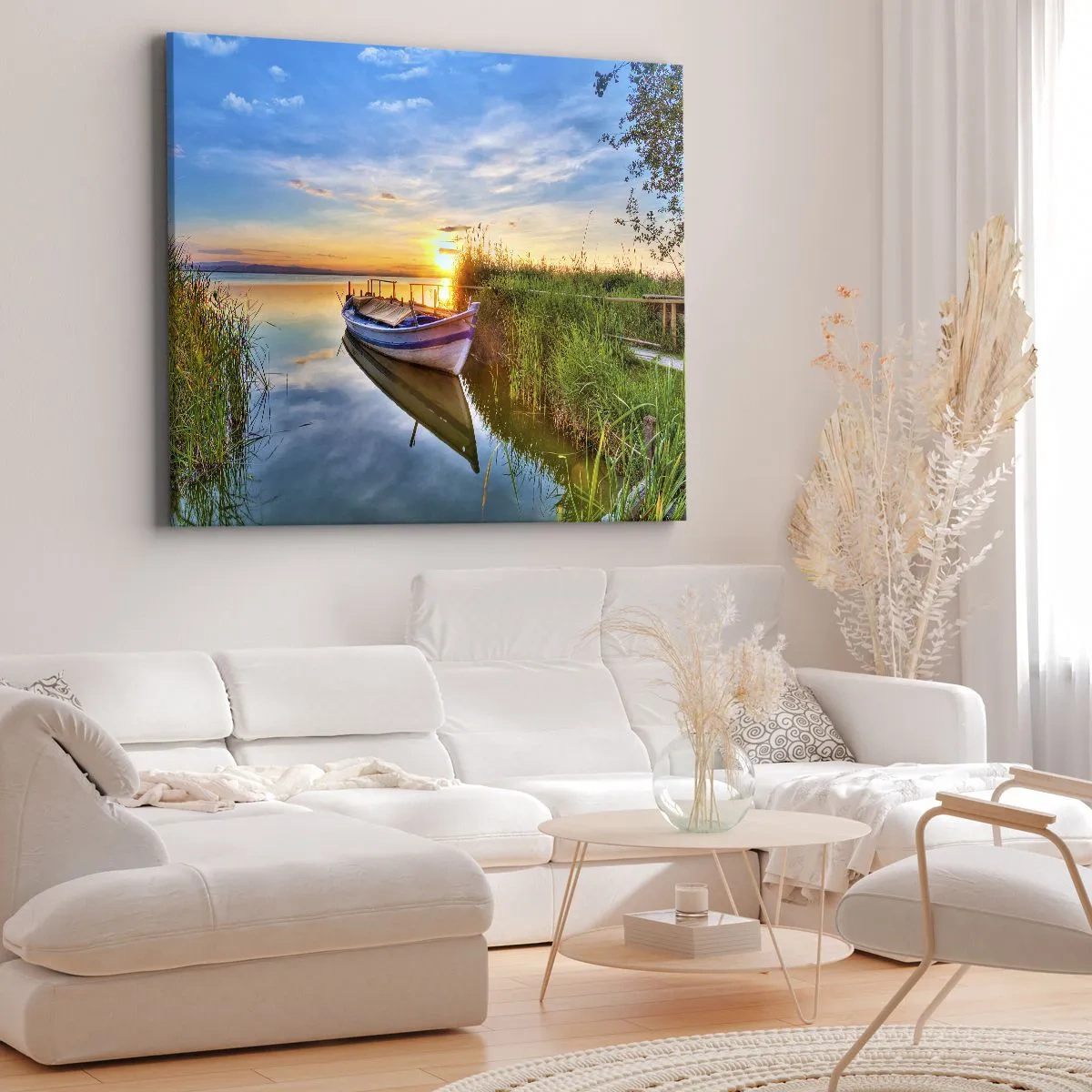 Canvas picture - A boat in a quiet bay at sunset - 70x50cm - Bay of Fulfilled Dreams - Modern wall decoration for the living room and bedroom ARTTOR