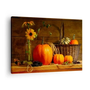 Canvas picture - Autumn composition with pumpkins and flowers on a wooden background - 70x50cm - Rustic Composition - Fruit of Autumn - Modern wall decoration for the living room and bedroom ARTTOR