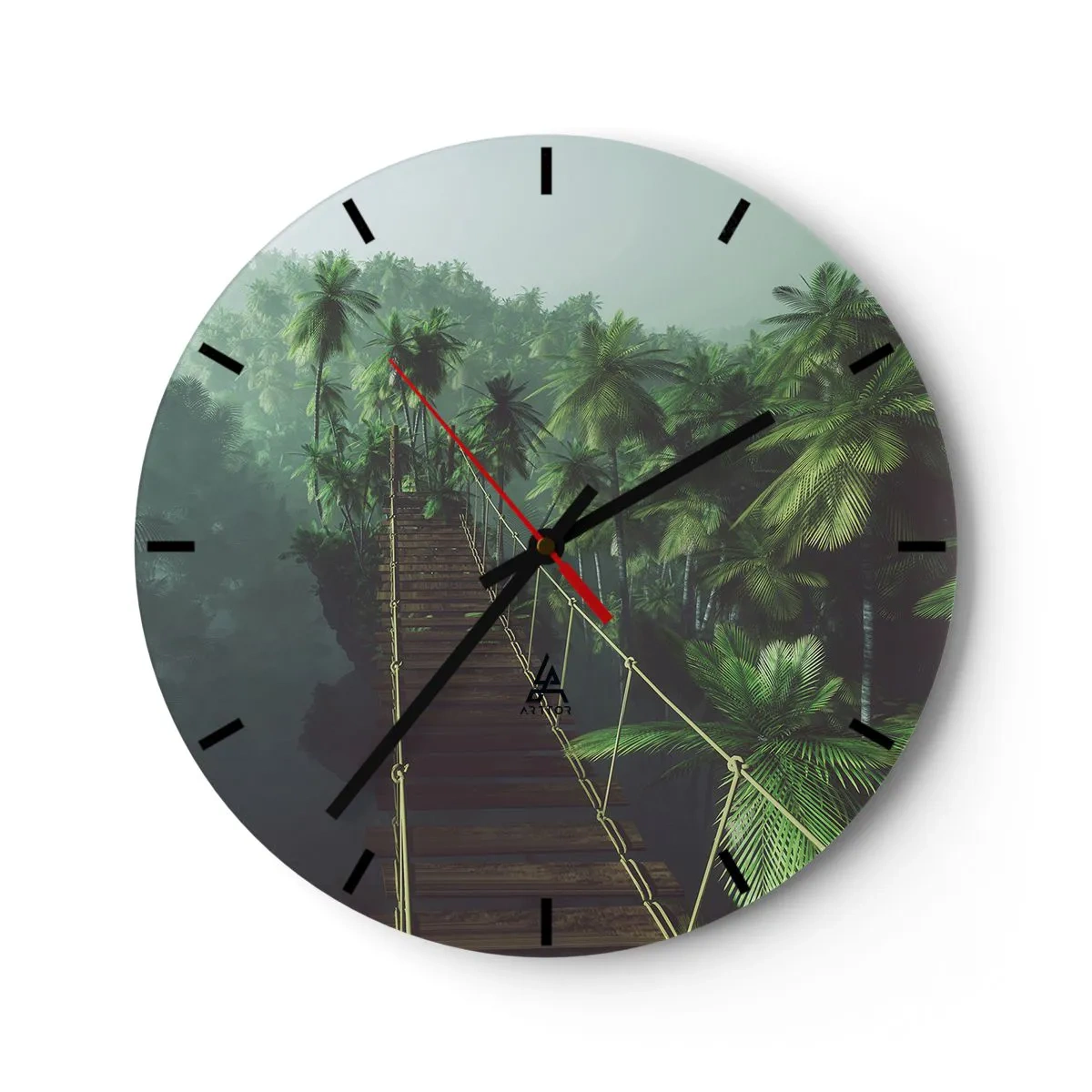 Wall clock - Clock on glass - A hanging bridge in a tropical forest surrounded by fog. - 30x30cm - Hanging Bridge in the Green - Modern wall decoration for the living room, kitchen, and bedroom ARTTOR