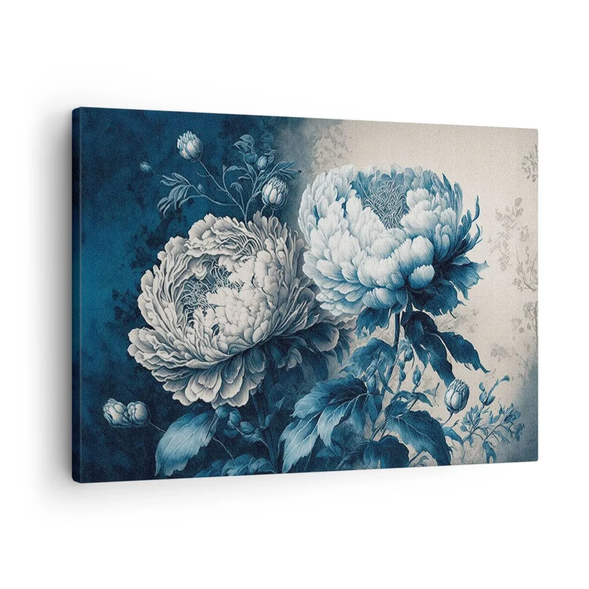 Canvas picture - Blue peonies on a subtle background with a delicate pattern - 70x50cm - Matched Couple - Modern wall decoration for the living room and bedroom ARTTOR