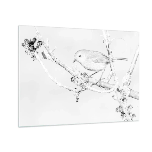 Glass picture - A bird perched on a branch in a monochromatic winter scene. - 70x50cm - Winter Morning - Modern wall decoration for the living room and bedroom ARTTOR