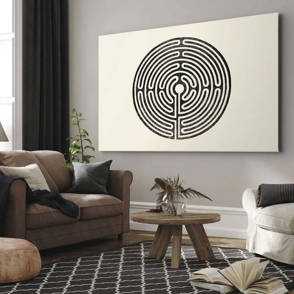 Canvas picture - Black and white circular maze on a light background - 70x50cm - Mysterious Order - Modern wall decoration for the living room and bedroom ARTTOR
