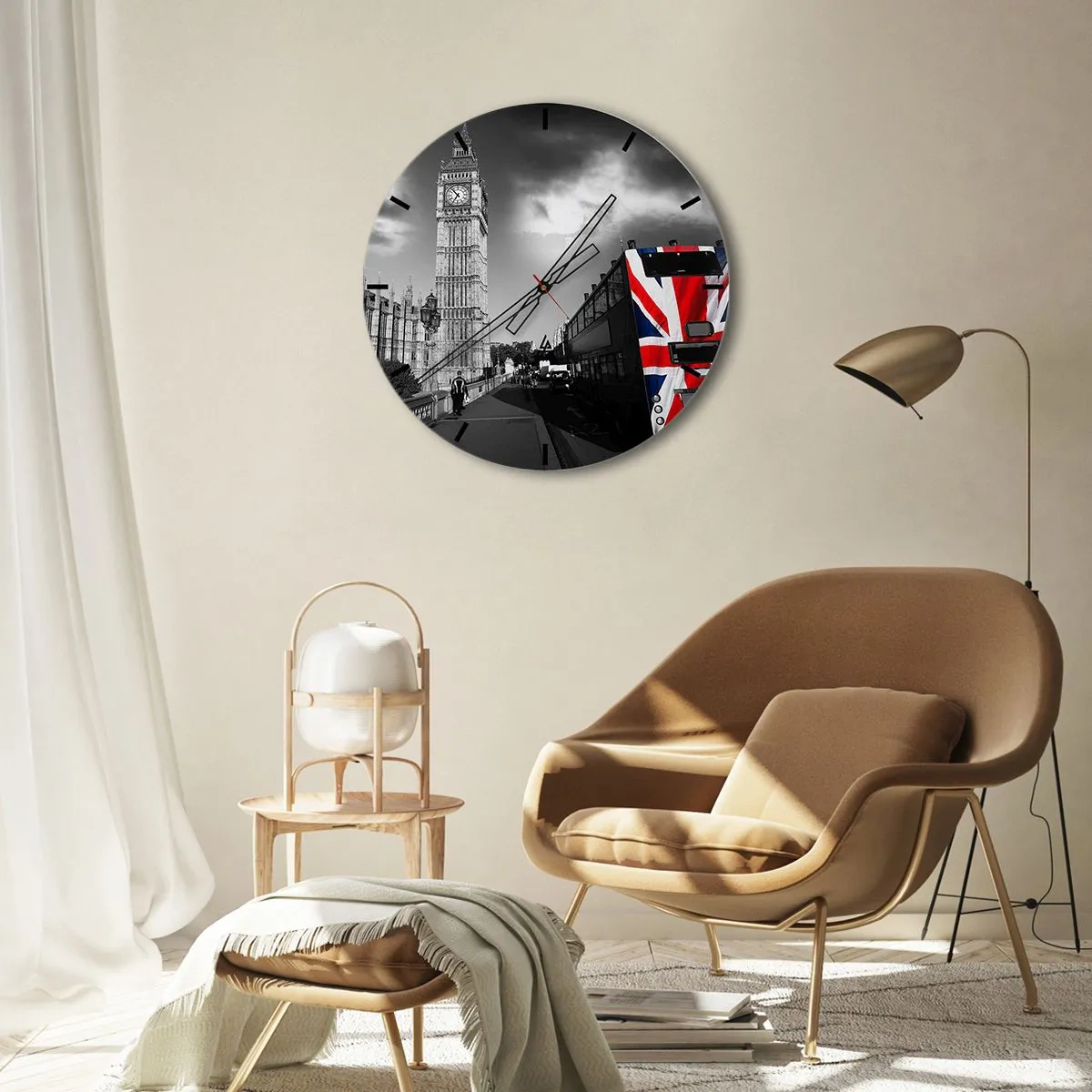 Wall clock - Clock on glass - Big Ben and a bus with a British flag motif - 30x30cm - Proud and Great - Modern wall decoration for the living room, kitchen, and bedroom ARTTOR