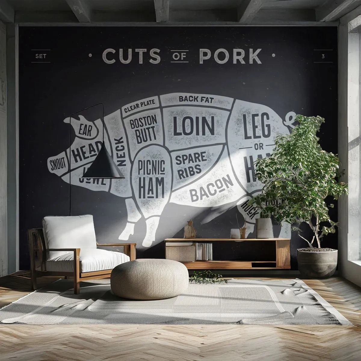 Self-Adhesive Photo Wallpaper Deluxe Sticker - Butcher's Primer - Gastronomy, Animal Pig, Pork - 250x175 cm