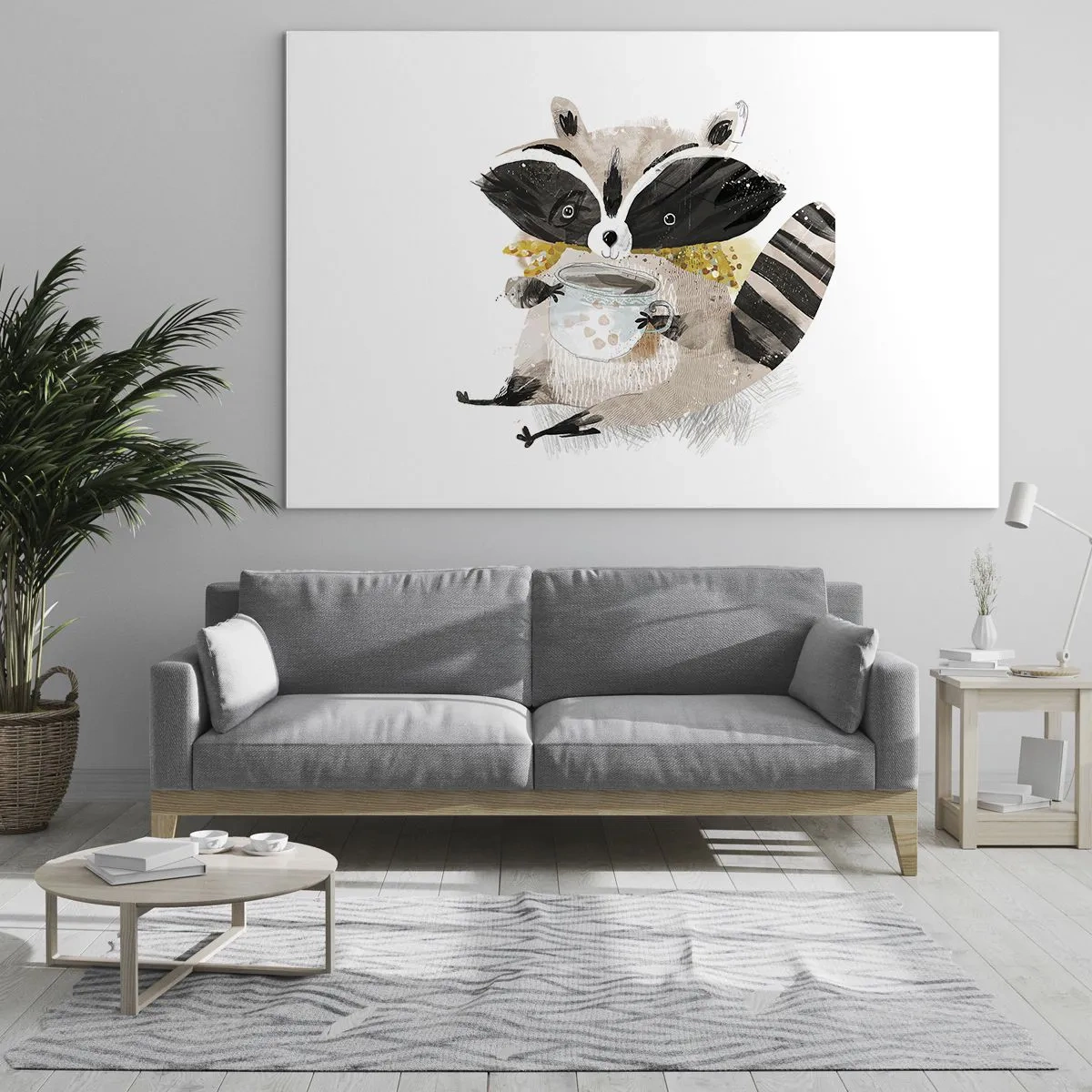 Glass picture - A cute raccoon holding a cup of drink - 70x50cm - My Friend Raccoon - Modern wall decoration for the living room and bedroom ARTTOR
