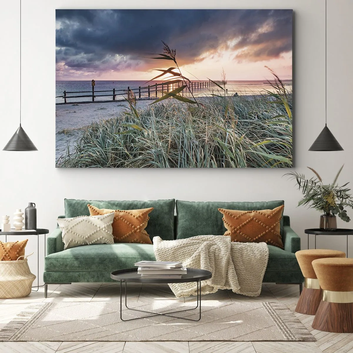 Canvas picture - Beach at sunset with grasses in the foreground - 70x50cm - Not Gone with the Wind - Modern wall decoration for the living room and bedroom ARTTOR