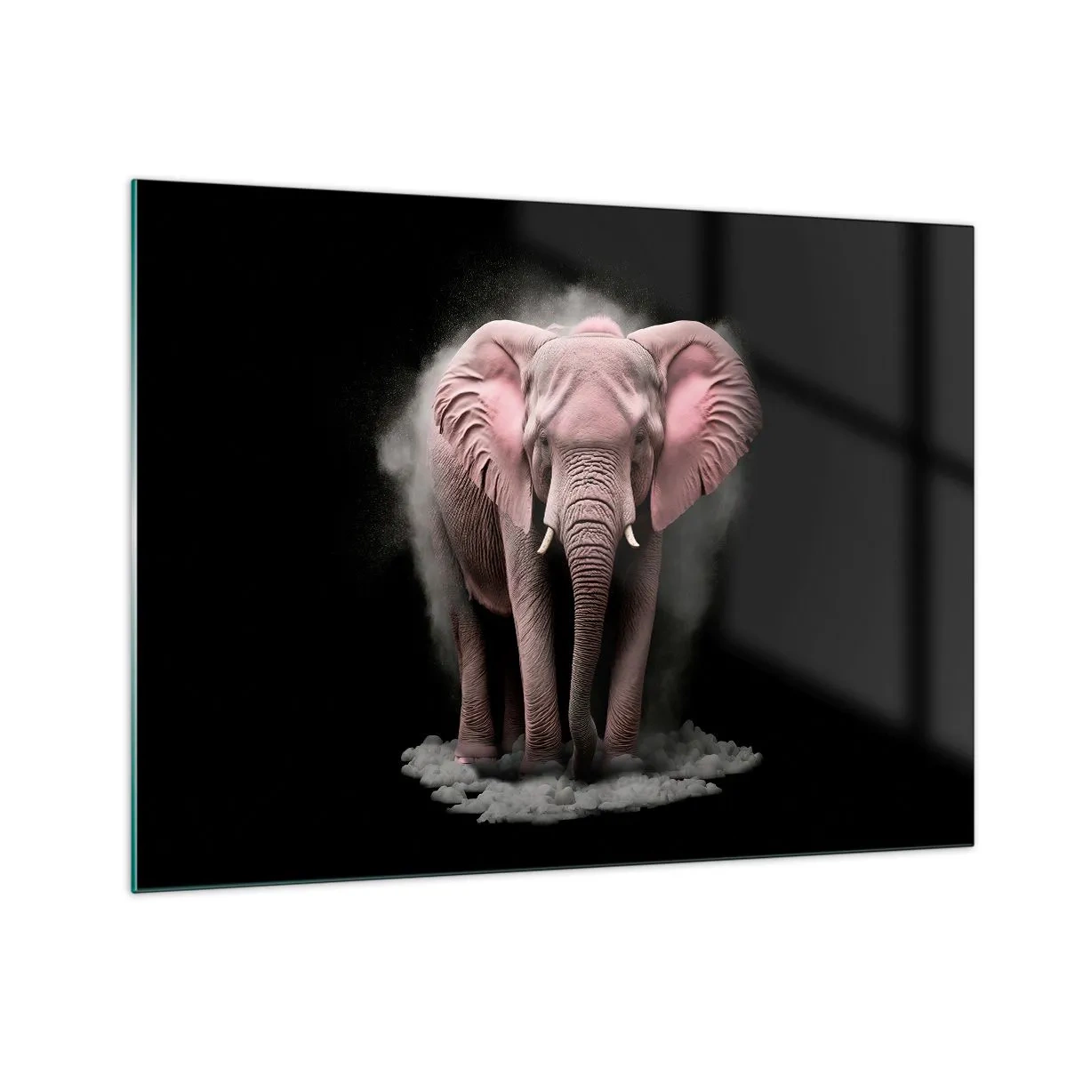 Glass picture - A pink elephant on a black background surrounded by a cloud of dust. - 70x50cm - Don't Think About a Pink Elephant! - Modern wall decoration for the living room and bedroom ARTTOR
