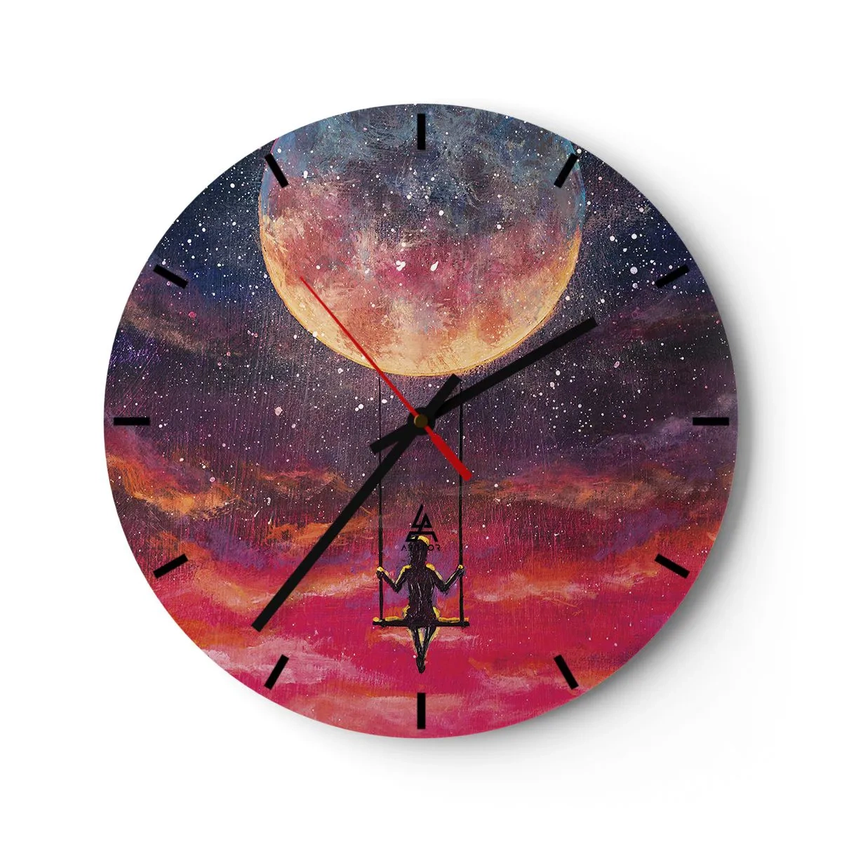 Wall clock - Clock on glass - A girl on a swing suspended under the moon - 30x30cm - Swinging in the Clouds - Modern wall decoration for the living room, kitchen, and bedroom ARTTOR