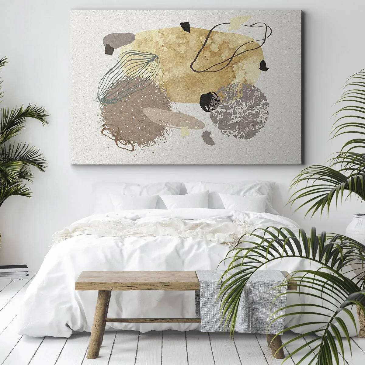Canvas picture - A composition of abstract shapes in beige and yellow. - 70x50cm - Applied Splashing - Modern wall decoration for the living room and bedroom ARTTOR