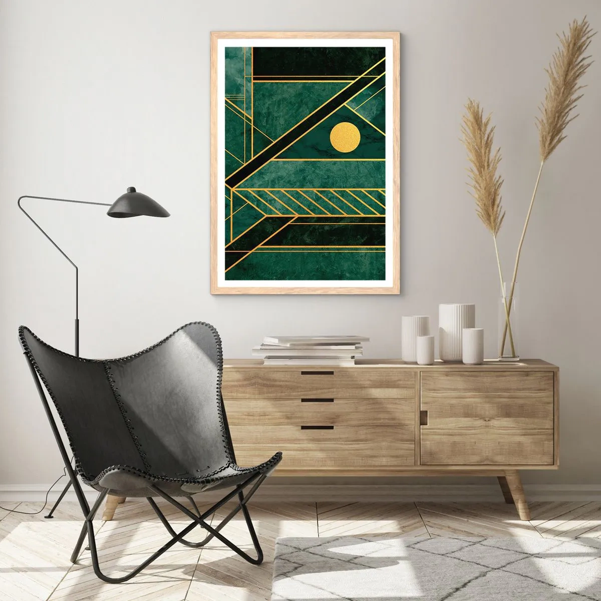Poster in light oak frame - Dynamics of Gold and Azure - 61x91 cm
