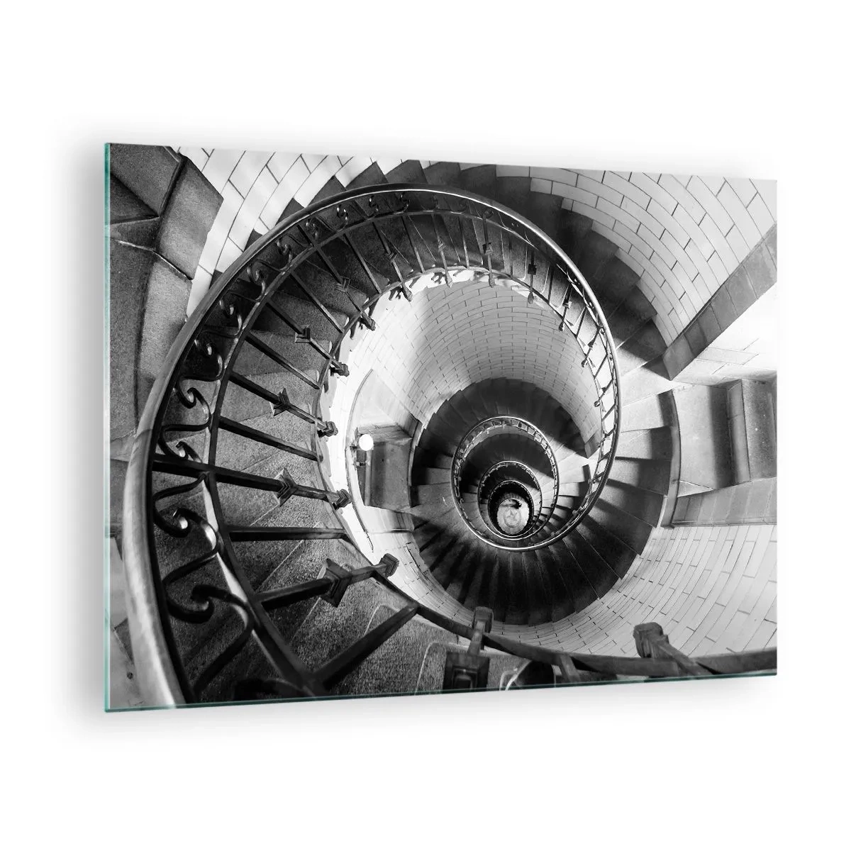 Glass picture - Black and white photo of a spiral staircase in perspective - 70x50cm - Up and Upwards - Modern wall decoration for the living room and bedroom ARTTOR