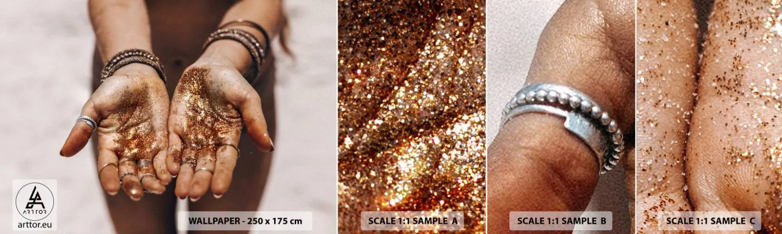 Photo Wallpaper Sample Standard Eco - Gift for You - Women's Hands, Boho, Gold - 100x30 cm