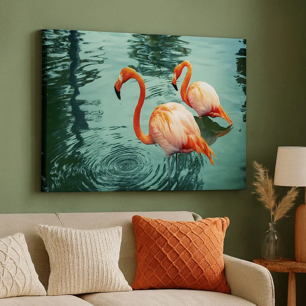 Canvas picture - Two flamingos in the calm water reflecting their surroundings - 70x50cm - We Are En Vogue Now - Modern wall decoration for the living room and bedroom ARTTOR