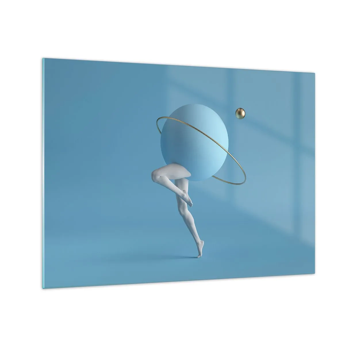 Glass picture - A minimalist composition of a planet with human legs on blue. - 70x50cm - And Planets Are Going Crazy - Modern wall decoration for the living room and bedroom ARTTOR