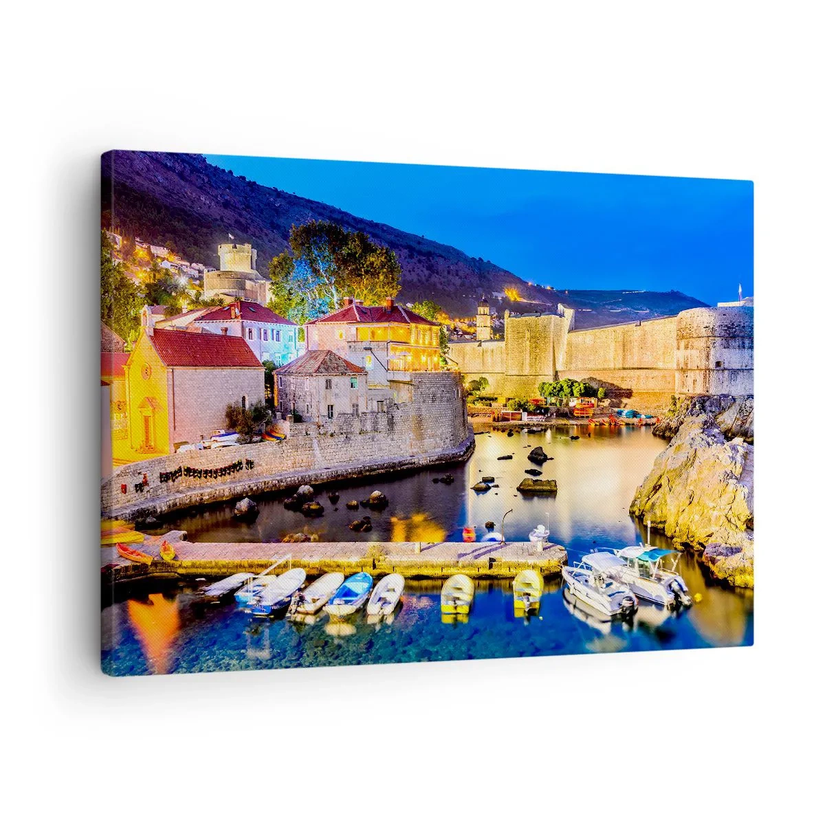 Canvas picture - A picturesque port at night with illuminated buildings - 70x50cm - Bright Night by the Adriatic Sea - Modern wall decoration for the living room and bedroom ARTTOR