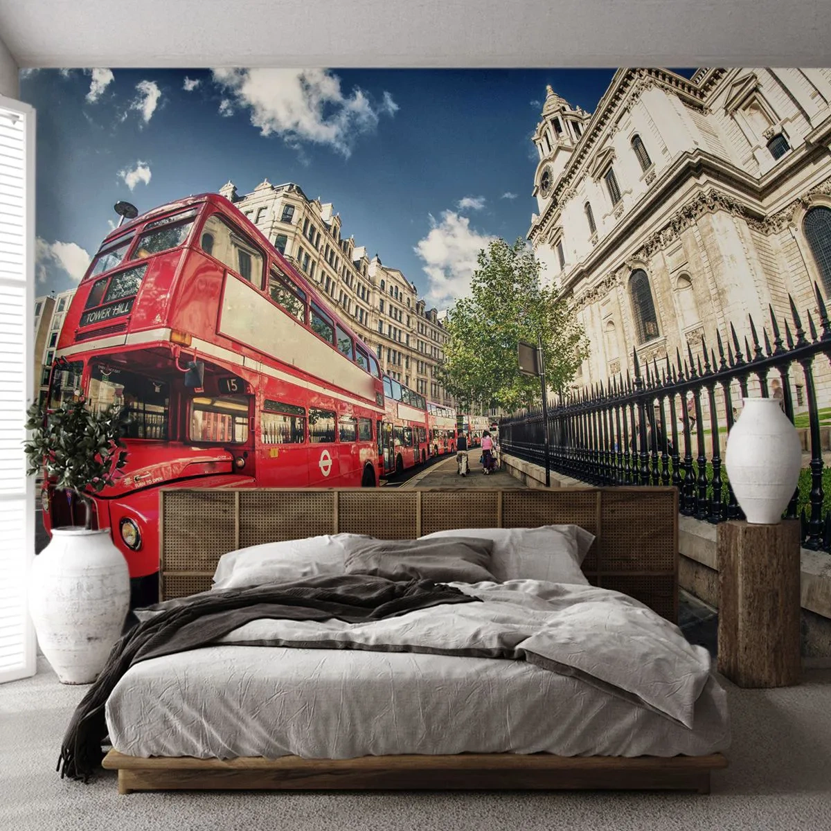 Custom Wallpaper Standard Eco - London Street in Grey and Red - City, London, Red bus