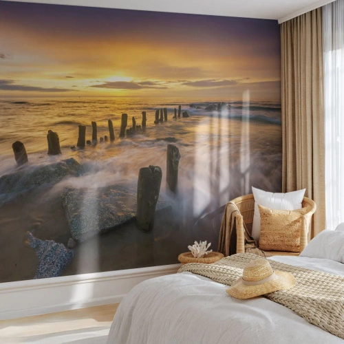 Photo Wallpaper Standard Eco - Sunset over the sea with wooden poles in the water - 100x70cm - Raw Beauty of the Baltic Sea - Modern wall decoration for the living room and bedroom ARTTOR