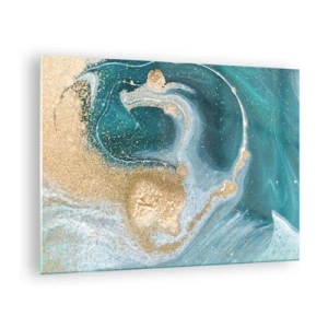 Glass picture - Gold on turquoise waves in an abstract style - 70x50cm - Swirl of Gold and Turquiose - Modern wall decoration for the living room and bedroom ARTTOR