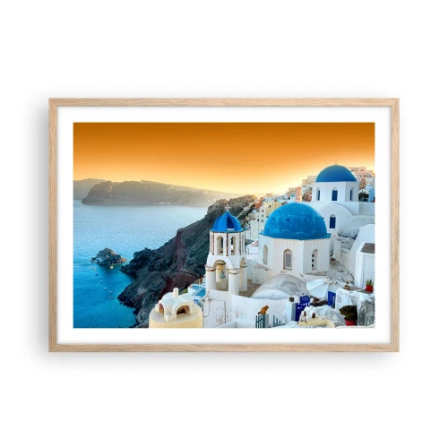 Poster in light oak frame - Santorini - Snuggling up to the Rocks - 70x50 cm