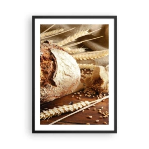 Poster in black frame - Bread on a wooden table with ears of wheat - 50x70cm - Tasty, Fragrant, Crunchy - Modern wall decoration for the living room and bedroom ARTTOR