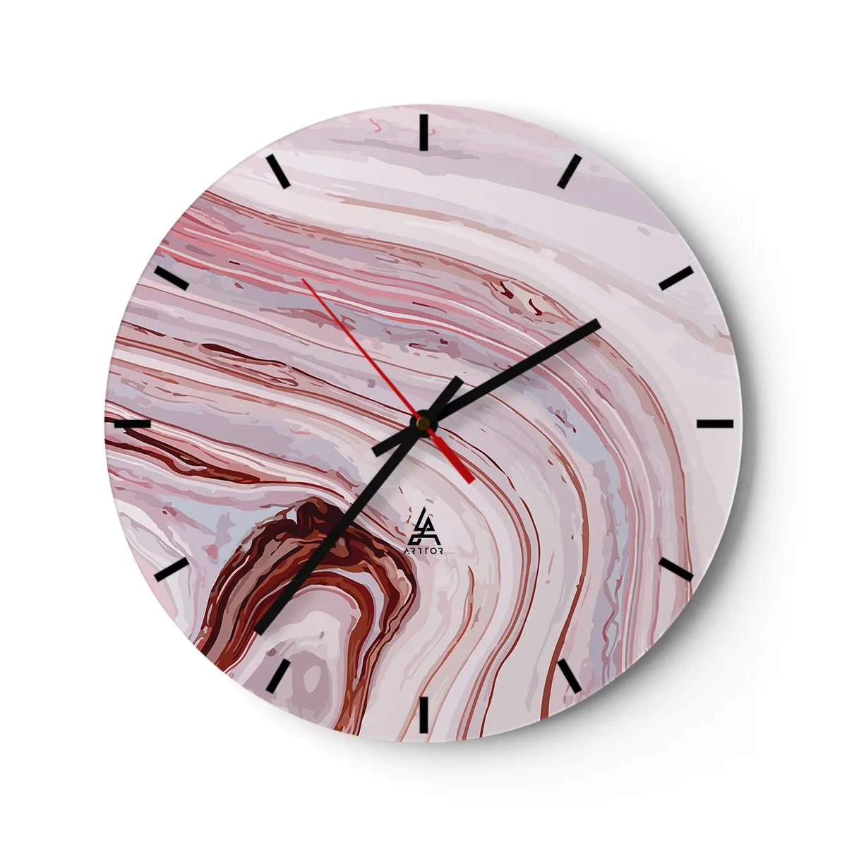 Wall clock - Clock on glass - Abstract waves in shades of pink and red on a light background - 30x30cm - Straight then to the Bottom Right - Modern wall decoration for the living room, kitchen, and bedroom ARTTOR