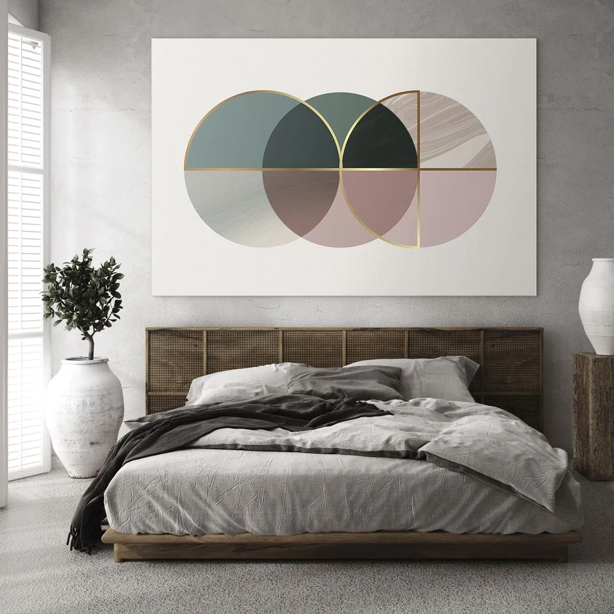 Glass picture - Geometric shapes with shades of green and pink on a light background - 70x50cm - Circle after Circle - Modern wall decoration for the living room and bedroom ARTTOR