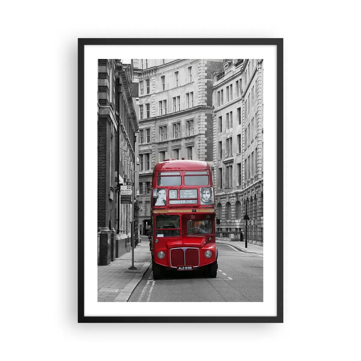 Poster in black frame - A red bus on a black and white London street - 50x70cm - Routine Doesn't Have to Be Grey - Modern wall decoration for the living room and bedroom ARTTOR