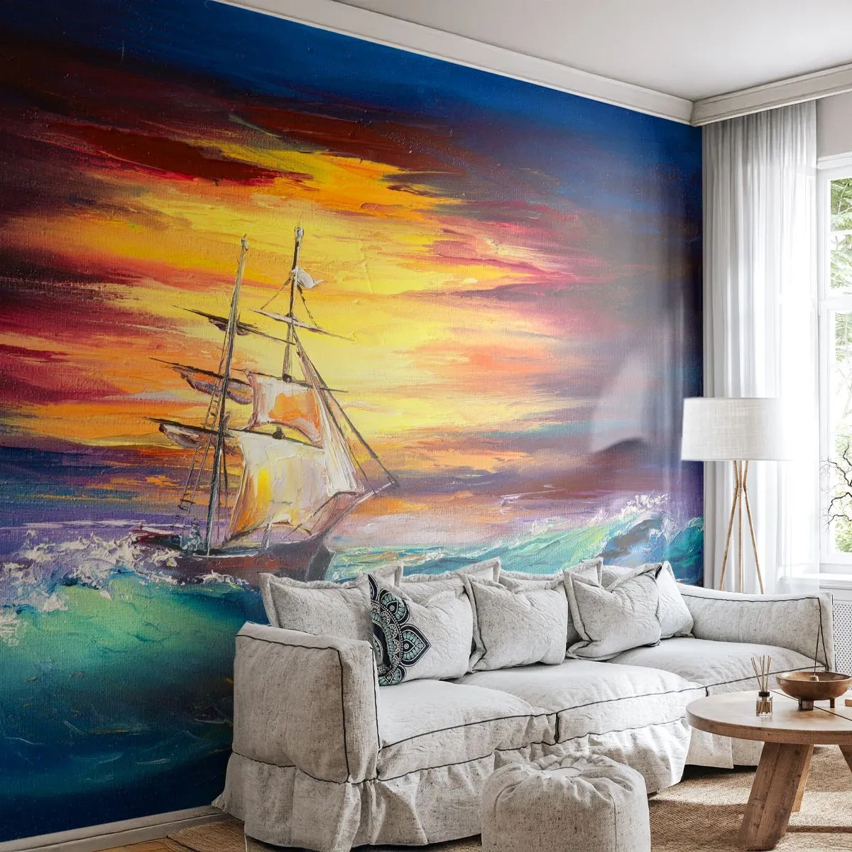 Self-Adhesive Photo Wallpaper Deluxe Sticker - Fearlessly towards the Waves - Sailing ship, Sea, Storm - 100x70 cm