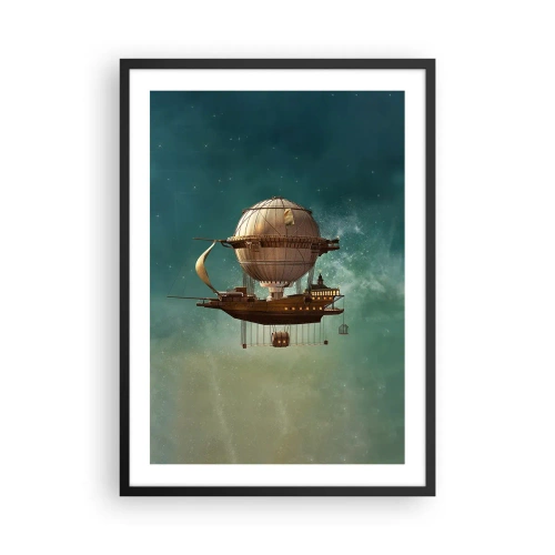 Poster in black frame - A fantastic airship floating among the stars - 50x70cm - Greetings from Jules Verne - Modern wall decoration for the living room and bedroom ARTTOR