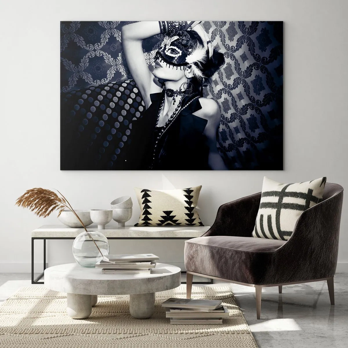 Glass picture - A masked figure against a patterned wall in shades of black and white - 70x50cm - Decorations, Ornaments, Patterns - Modern wall decoration for the living room and bedroom ARTTOR