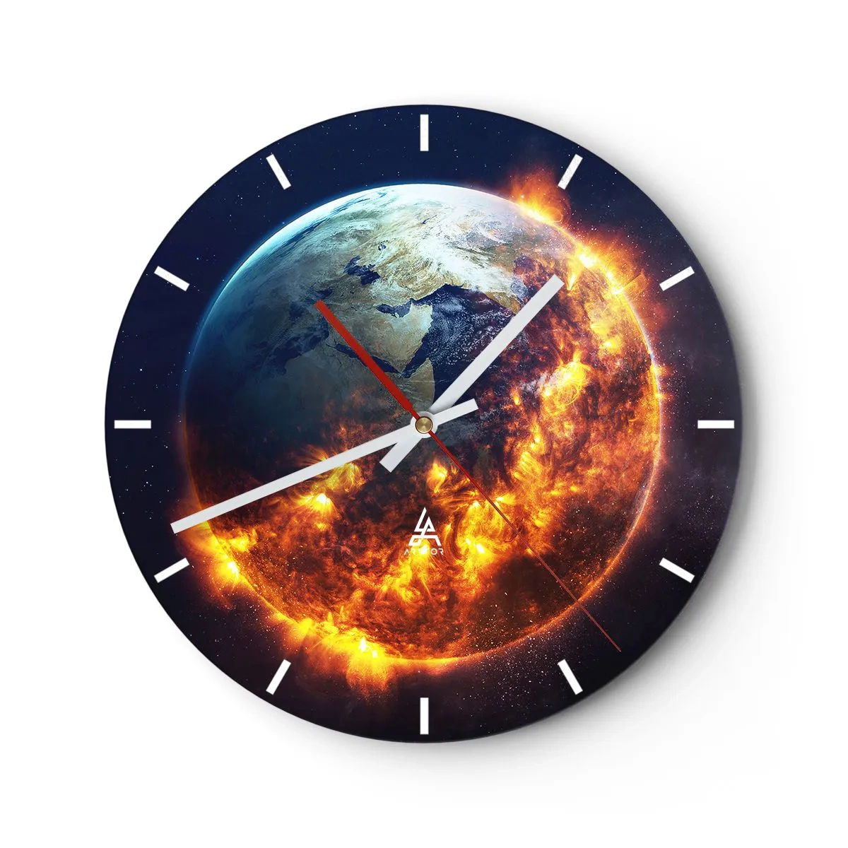 Wall clock - Clock on glass - Earth with a fiery space effect - 30x30cm - Flame of Apocalypse - Modern wall decoration for the living room, kitchen, and bedroom ARTTOR