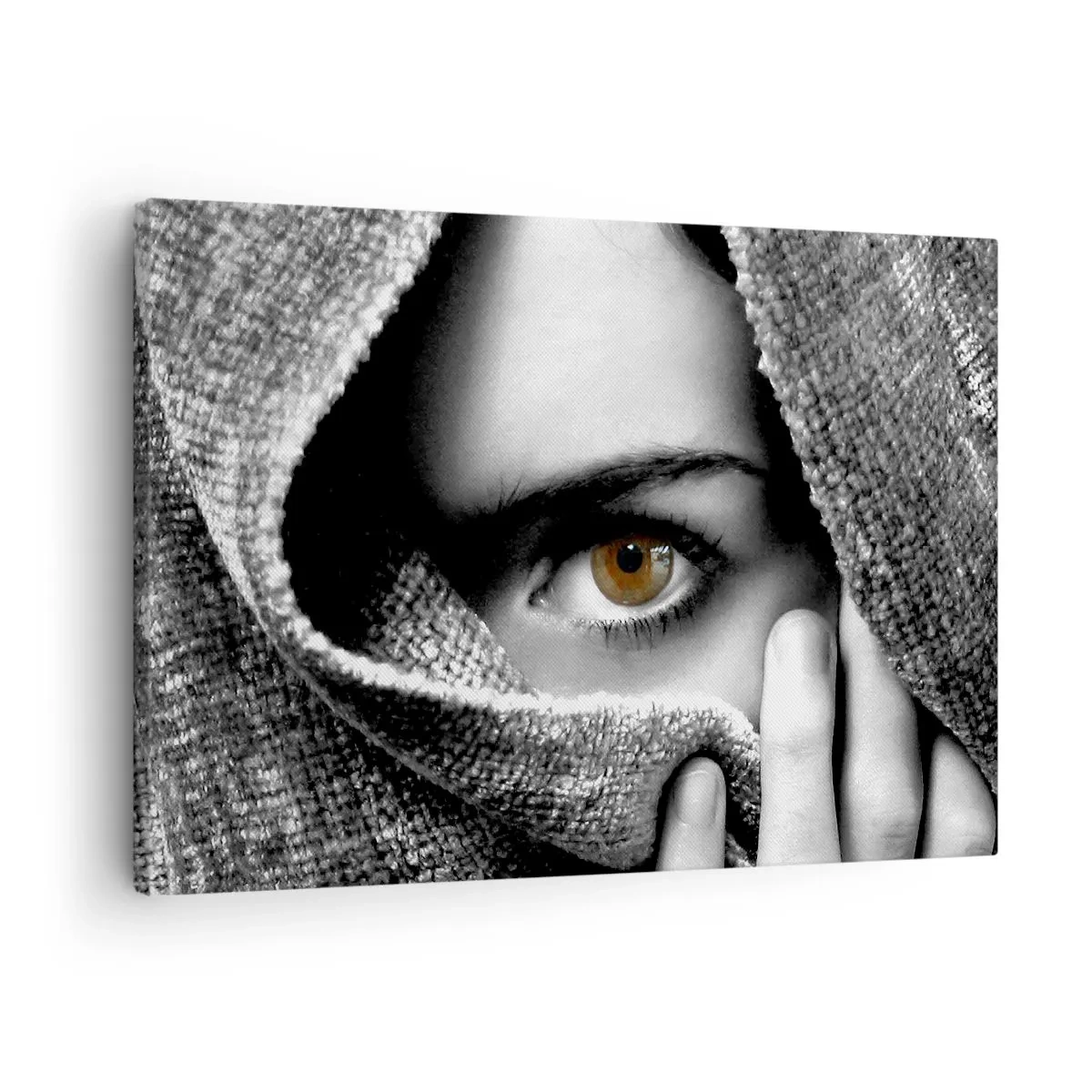 Canvas picture - Portrait of a woman with an amber eye covered with a fabric in shades of gray. - 70x50cm - Know the Secret - Modern wall decoration for the living room and bedroom ARTTOR
