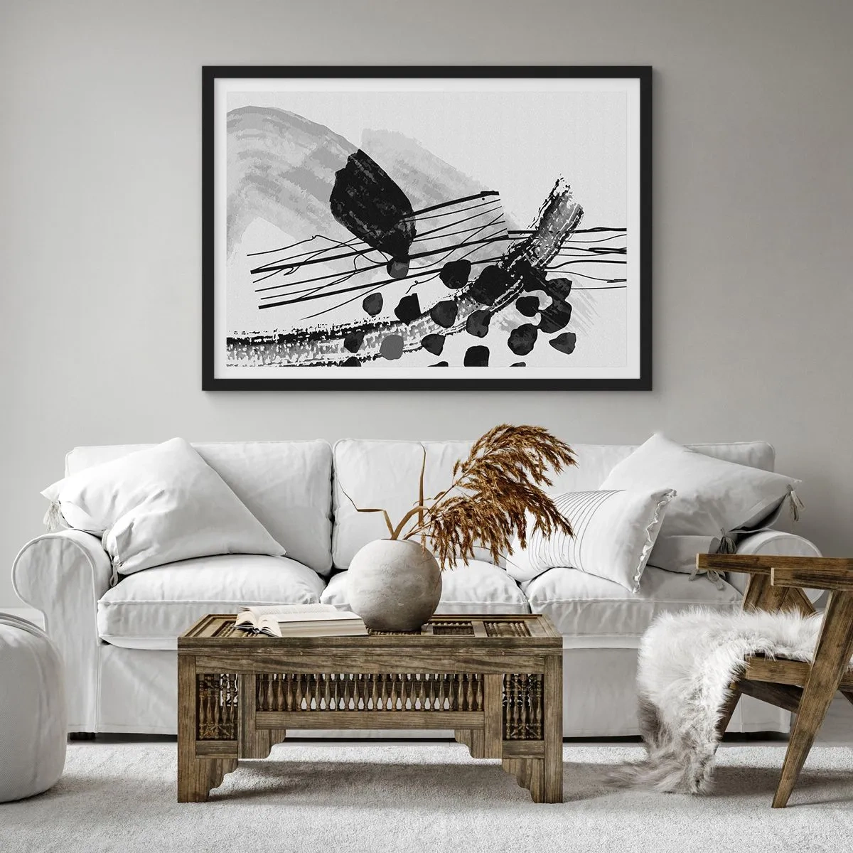 Poster in black frame - Black and White Organic Abstraction - 70x50 cm