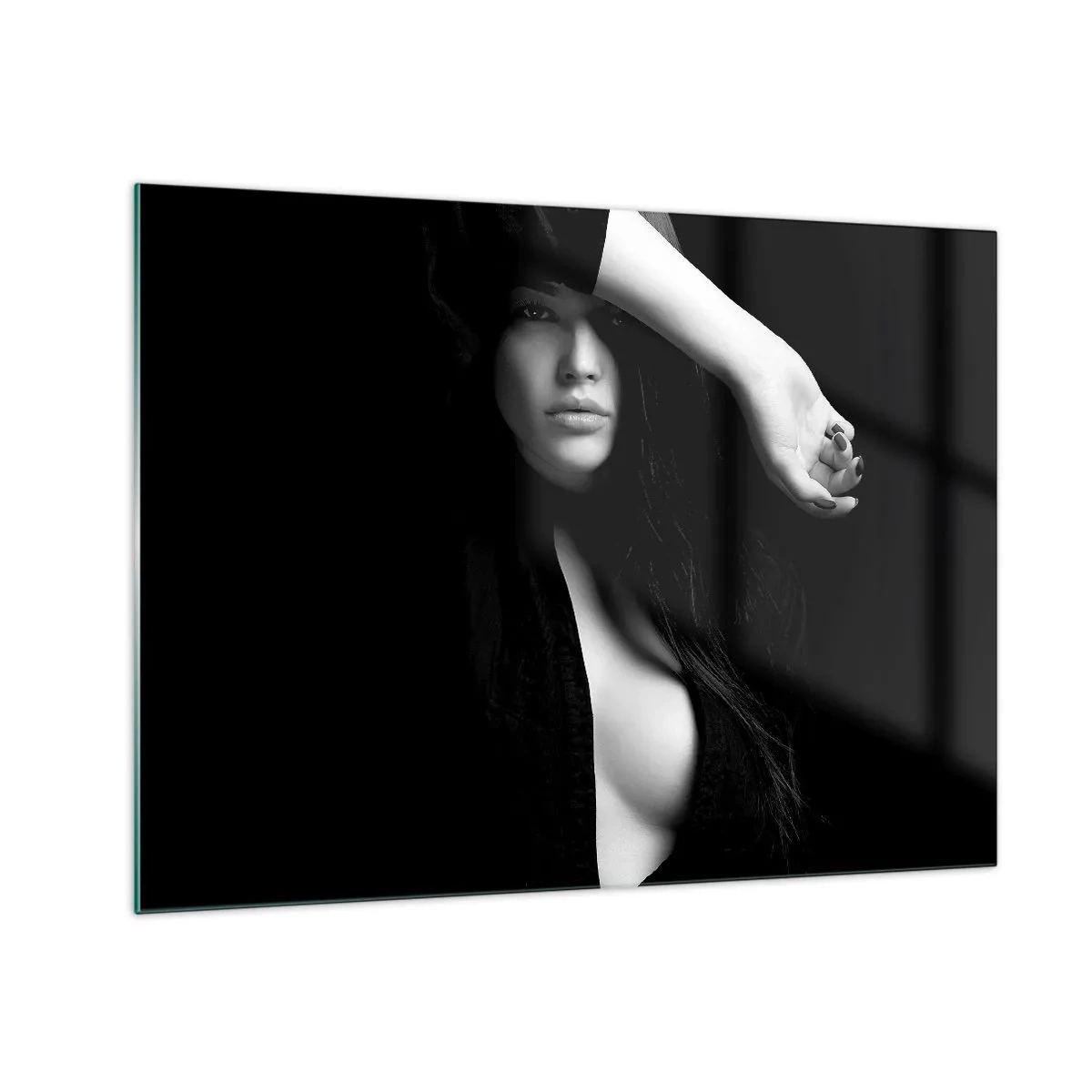 Glass picture - A woman in black in a sensual pose against a dark background - 70x50cm - School of Seduction - Modern wall decoration for the living room and bedroom ARTTOR