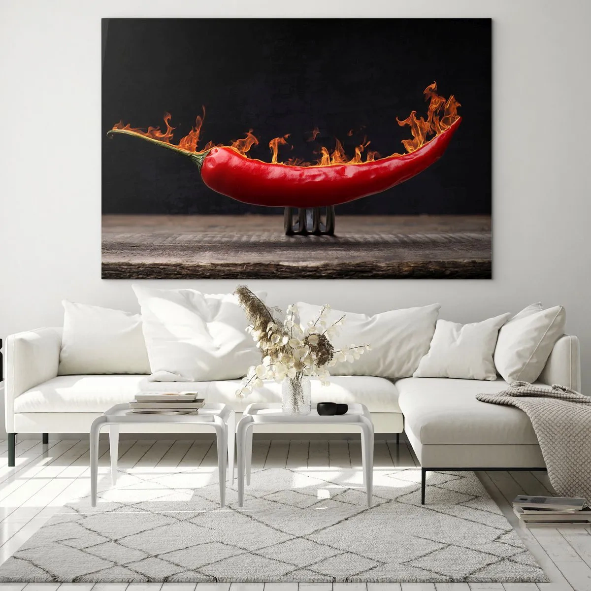 Glass picture - Burning red chili pepper on a black background - 70x50cm - Fiery Snack - Modern wall decoration for the living room and bedroom ARTTOR