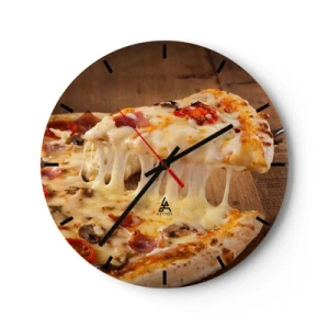 Wall clock - Clock on glass - A juicy slice of pizza with gooey cheese - 30x30cm - Masterpiece of Italian Art - Modern wall decoration for the living room, kitchen, and bedroom ARTTOR