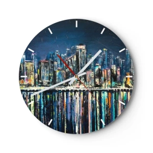 Wall clock - Clock on glass - Night panorama of the city with light reflections on the water - 30x30cm - Cascade Of Lights - Modern wall decoration for the living room, kitchen, and bedroom ARTTOR