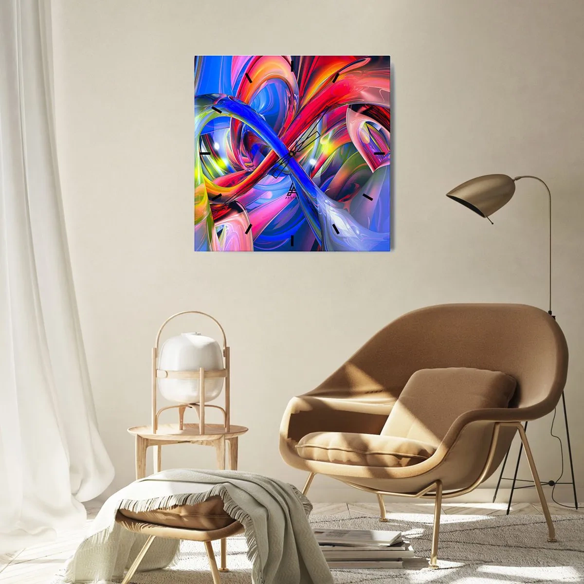 Wall clock - Clock on glass - Dance of Colours - 30x30 cm