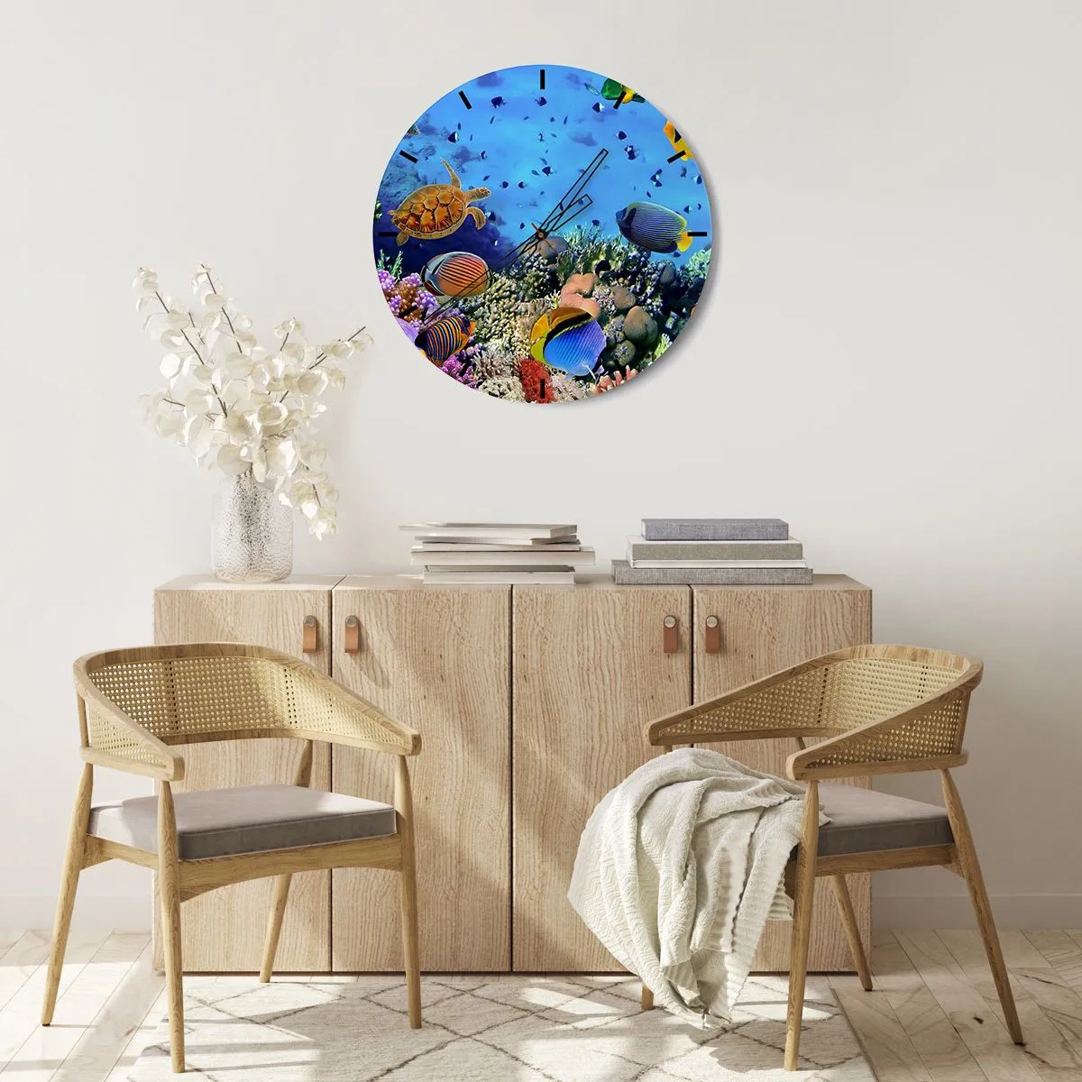 Wall clock - Clock on glass - Underwater world with turtle, fish and coral reef - 30x30cm - What Do We Know about Life? - Modern wall decoration for the living room, kitchen, and bedroom ARTTOR