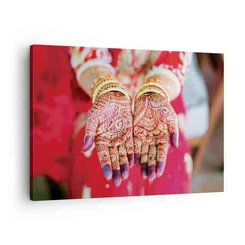 Canvas picture - Hands decorated with henna against the background of a red dress - 70x50cm - Readt to Catch Happiness - Modern wall decoration for the living room and bedroom ARTTOR