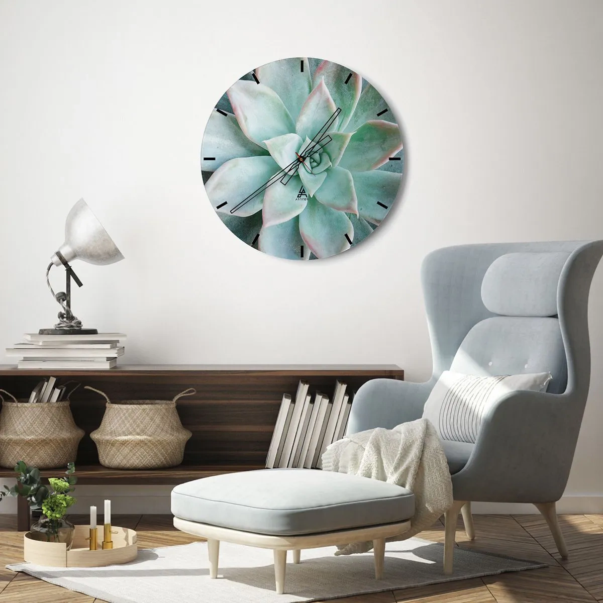 Wall clock - Clock on glass - Macro photography of a green succulent with pink accents - 30x30cm - Heart of a Desert - Modern wall decoration for the living room, kitchen, and bedroom ARTTOR